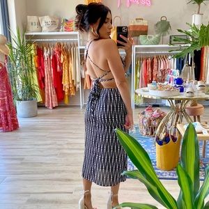 Satin/polyester black with white dots backless dress